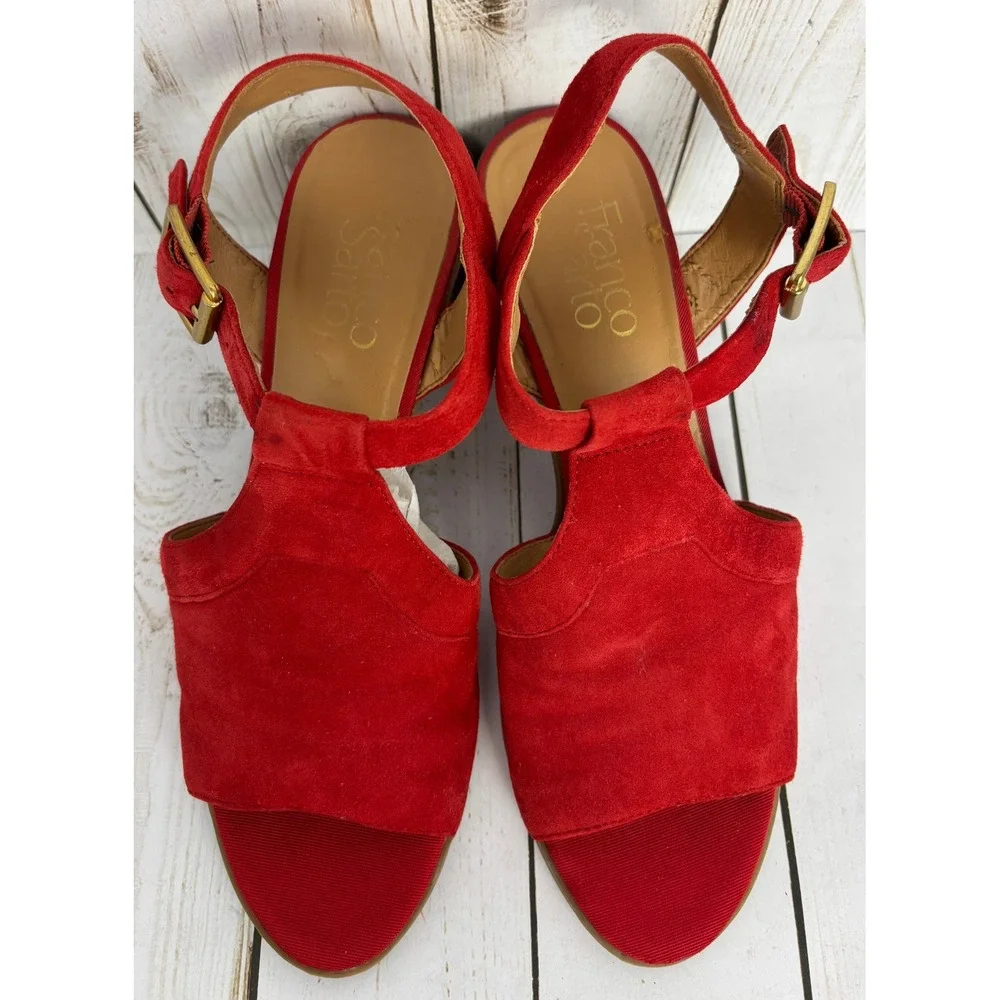 Franco Sarto Heron Red Suede T-Strap Block Heel Sandals L-HERON Womens 7.5M